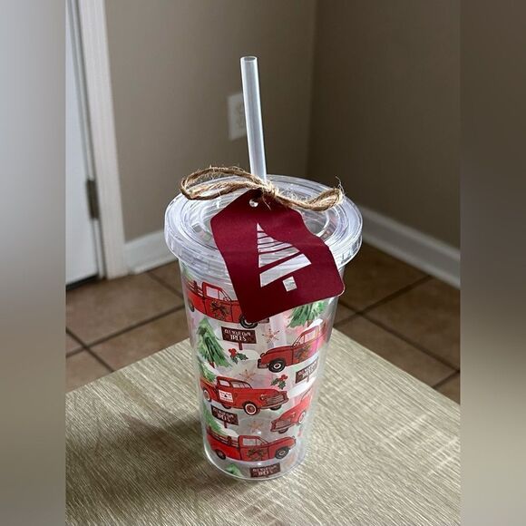 NWT … Festive Red Truck “Cut Your Own Tree’s” Tumbler with Straw - Picture 1 of 2